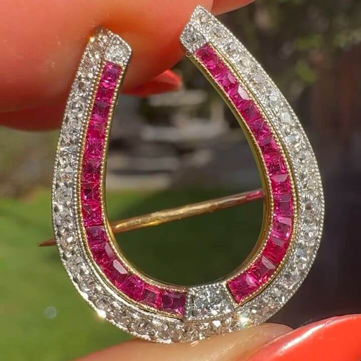 Antique Horseshoe White & Ruby Sapphire Round & Asscher Cut Brooch