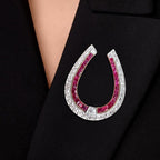 Antique Horseshoe White & Ruby Sapphire Round & Asscher Cut Brooch