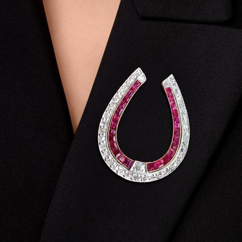 Antique Horseshoe White & Ruby Sapphire Round & Asscher Cut Brooch
