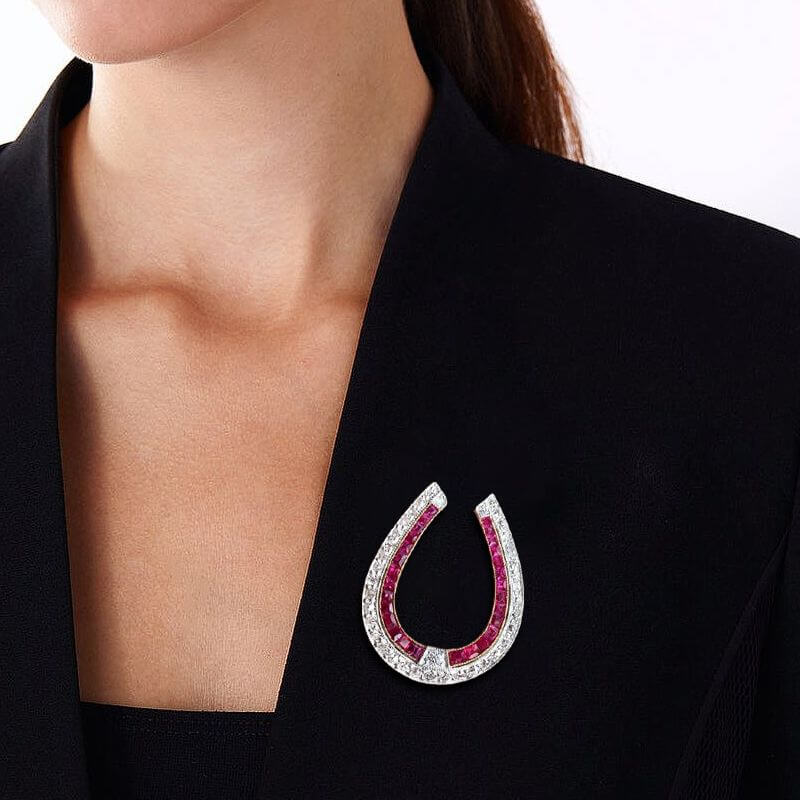 Antique Horseshoe White & Ruby Sapphire Round & Asscher Cut Brooch