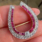 Antique Horseshoe White & Ruby Sapphire Round & Asscher Cut Brooch