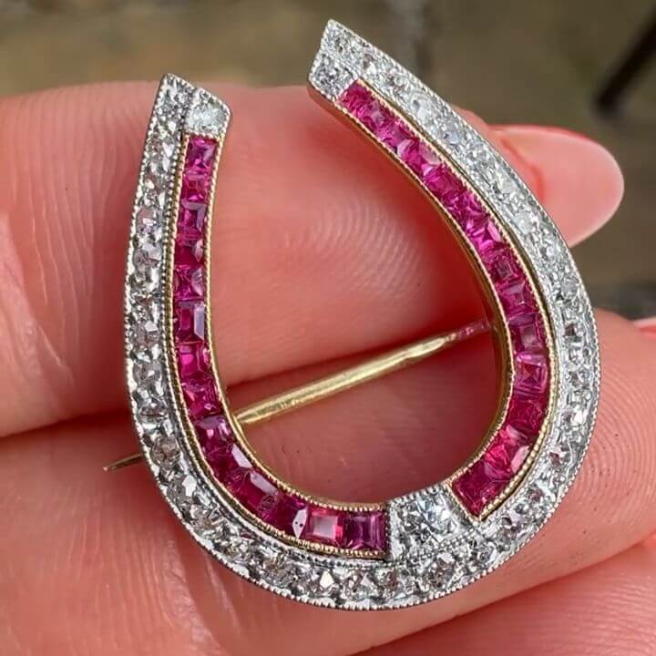 Antique Horseshoe White & Ruby Sapphire Round & Asscher Cut Brooch