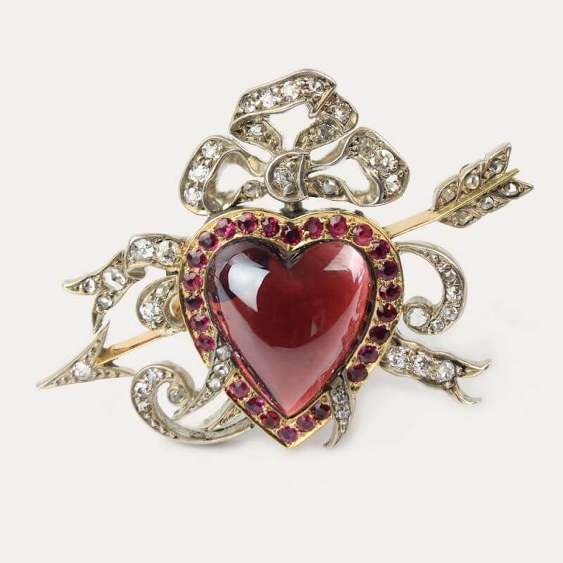 Two Tone Halo Heart Cabochon Cut Garnet & Ruby & White Sapphire Brooch