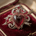 Two Tone Halo Heart Cabochon Cut Garnet & Ruby & White Sapphire Brooch