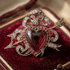 Two Tone Halo Heart Cabochon Cut Garnet & Ruby & White Sapphire Brooch