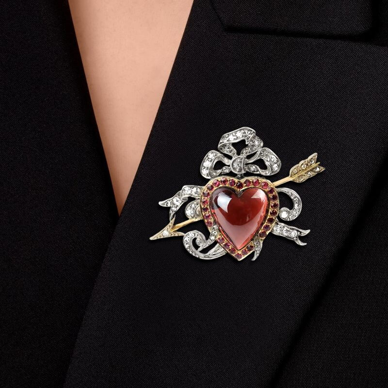 Two Tone Halo Heart Cabochon Cut Garnet & Ruby & White Sapphire Brooch