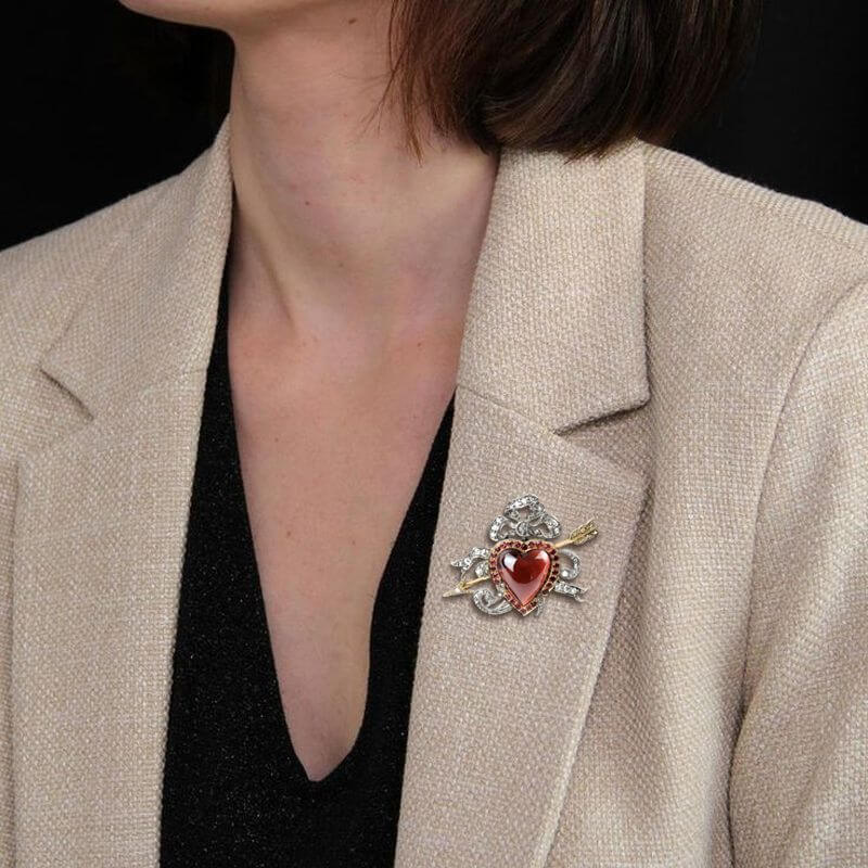 Two Tone Halo Heart Cabochon Cut Garnet & Ruby & White Sapphire Brooch