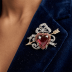 Two Tone Halo Heart Cabochon Cut Garnet & Ruby & White Sapphire Brooch