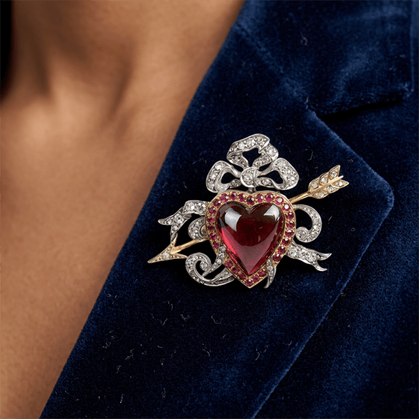 Two Tone Halo Heart Cabochon Cut Garnet & Ruby & White Sapphire Brooch