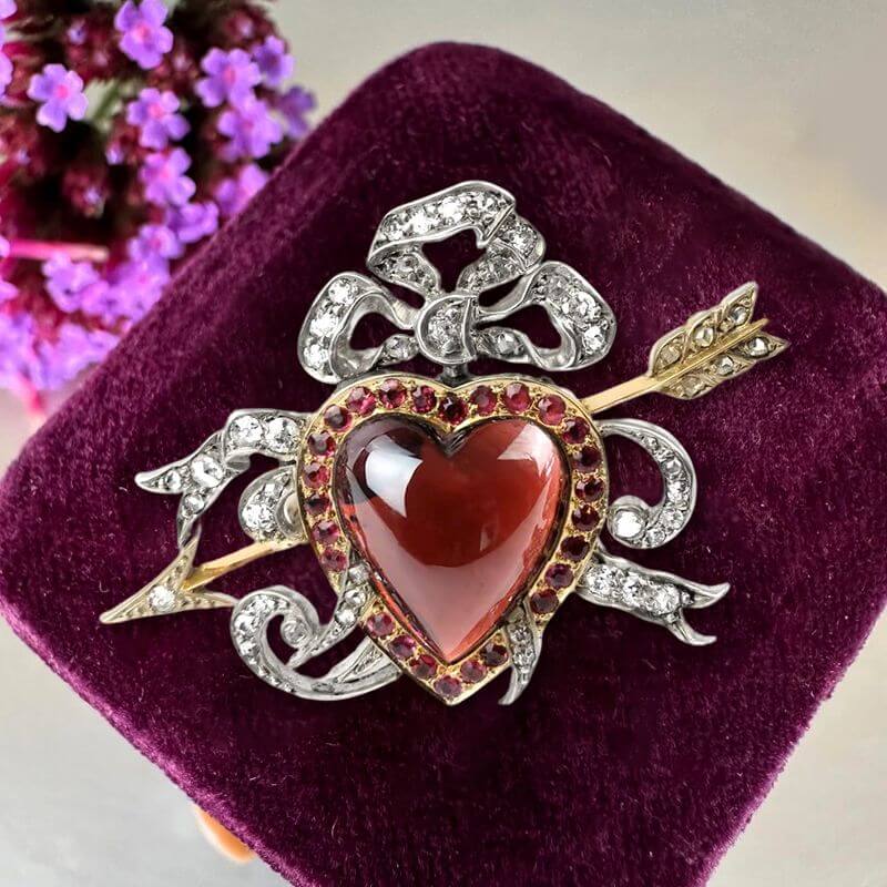 Two Tone Halo Heart Cabochon Cut Garnet & Ruby & White Sapphire Brooch