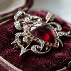 Two Tone Halo Heart Cabochon Cut Garnet & Ruby & White Sapphire Brooch