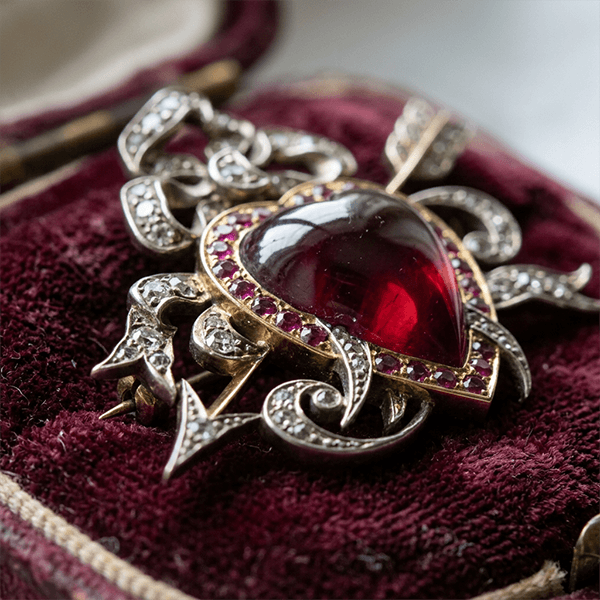 Two Tone Halo Heart Cabochon Cut Garnet & Ruby & White Sapphire Brooch