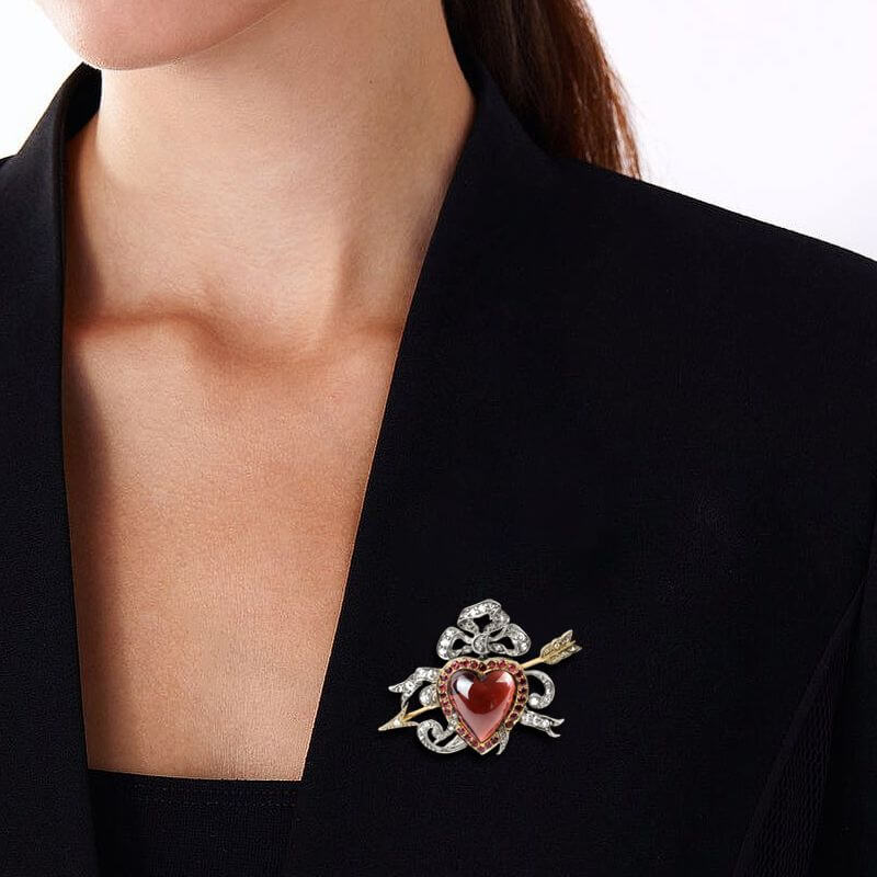 Two Tone Halo Heart Cabochon Cut Garnet & Ruby & White Sapphire Brooch