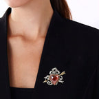 Two Tone Halo Heart Cabochon Cut Garnet & Ruby & White Sapphire Brooch