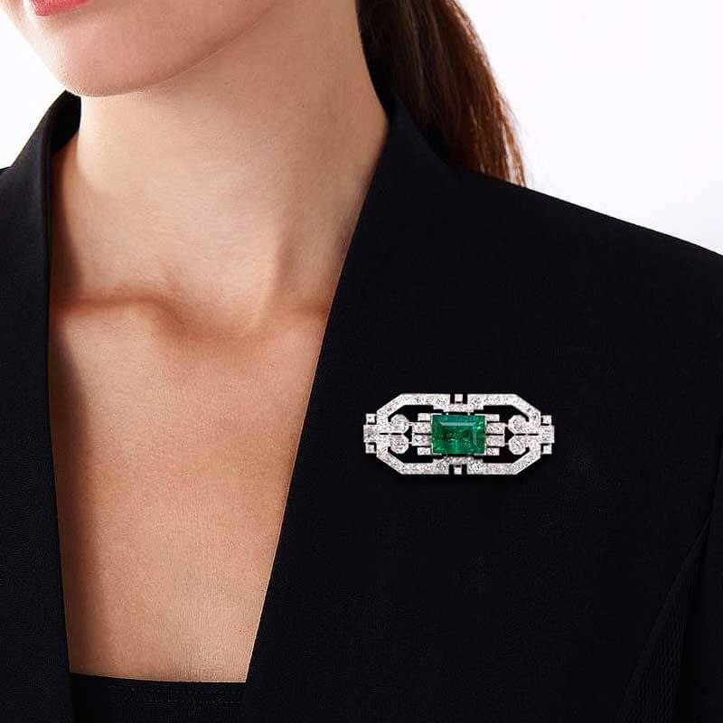 Vintage Emerald & White Sapphire Emerald Cut Brooch