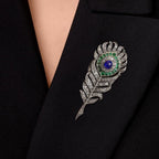 Vintage Two Tone Feather Design Emerald & Blue & White Sapphire Oval Cut Brooch