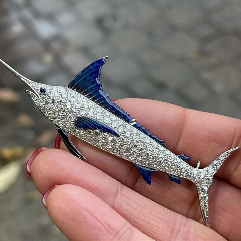 Swordfish Pave Setting Round Cut White Sapphire Brooch