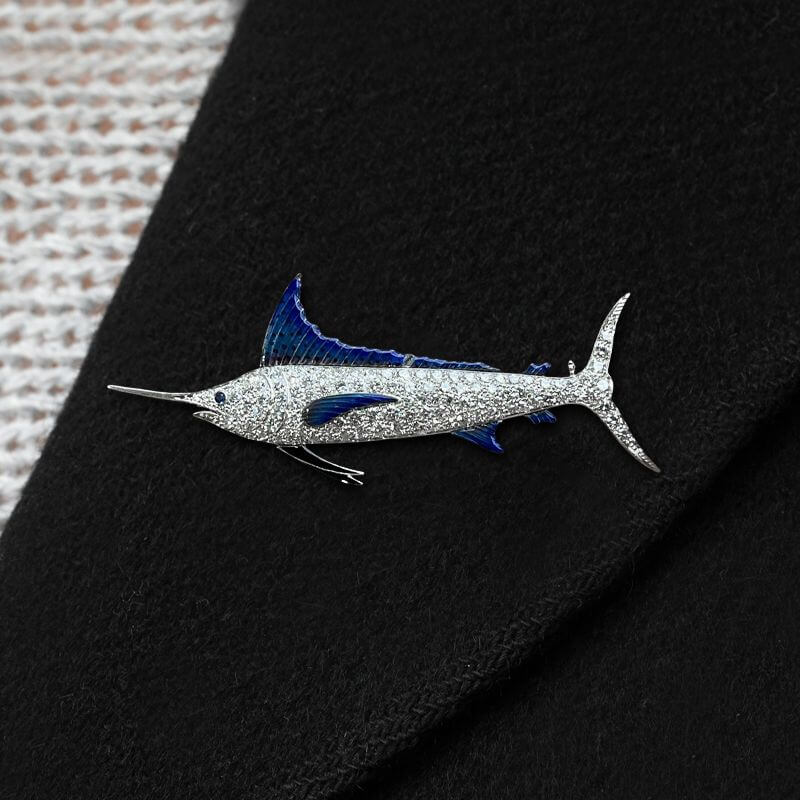 Swordfish Pave Setting Round Cut White Sapphire Brooch