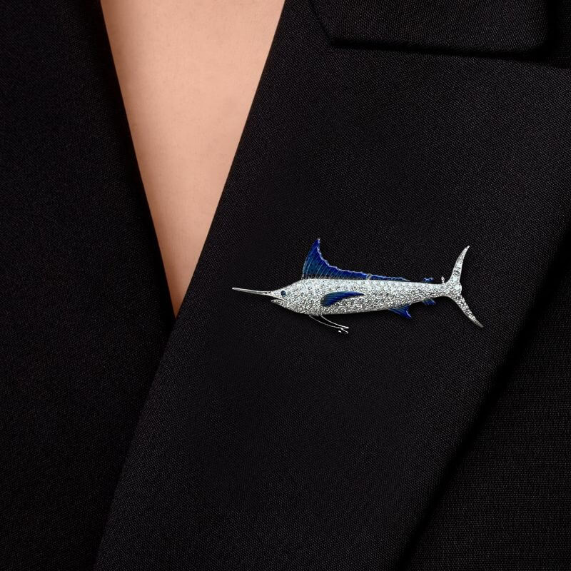 Swordfish Pave Setting Round Cut White Sapphire Brooch