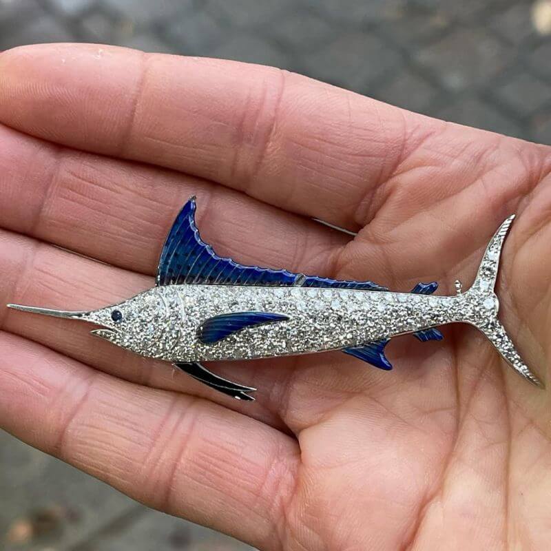 Swordfish Pave Setting Round Cut White Sapphire Brooch