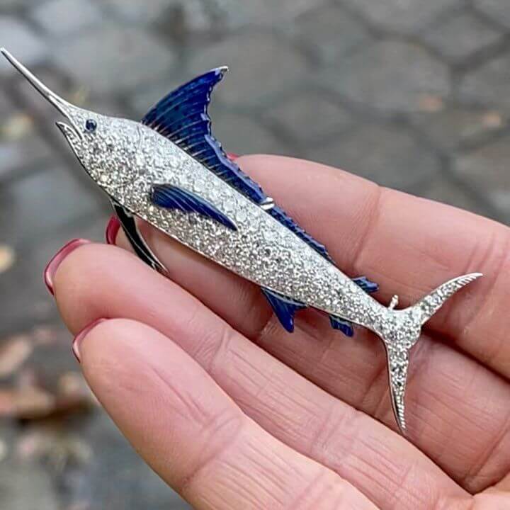 Swordfish Pave Setting Round Cut White Sapphire Brooch