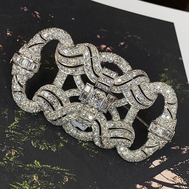 Art Deco Pave Setting White Sapphire Asscher & Round Cut Brooch