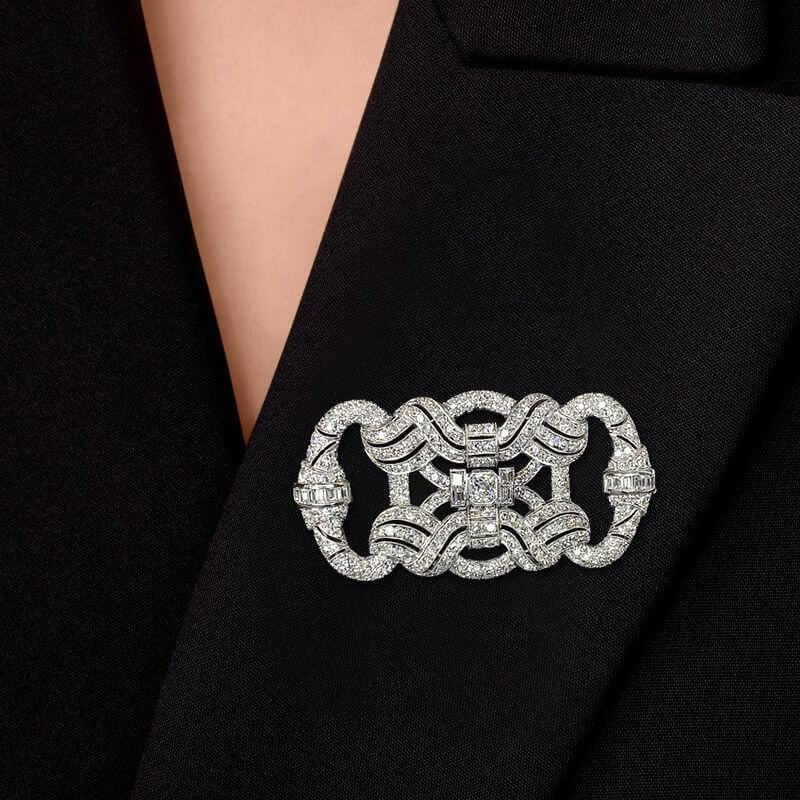 Art Deco Pave Setting White Sapphire Asscher & Round Cut Brooch
