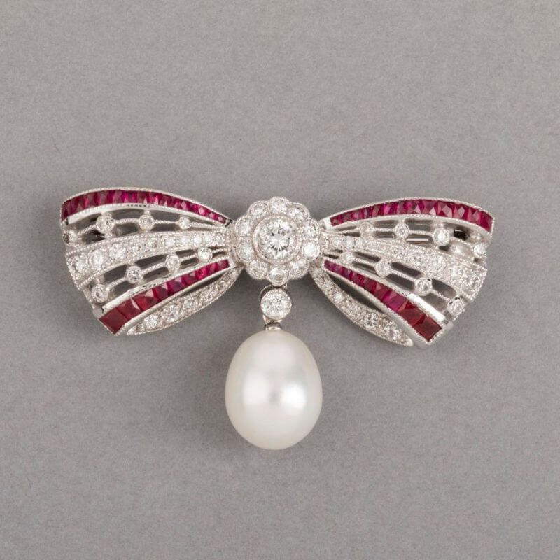 Cute Bow White & Ruby Sapphire & Pearl Round Cut Brooch