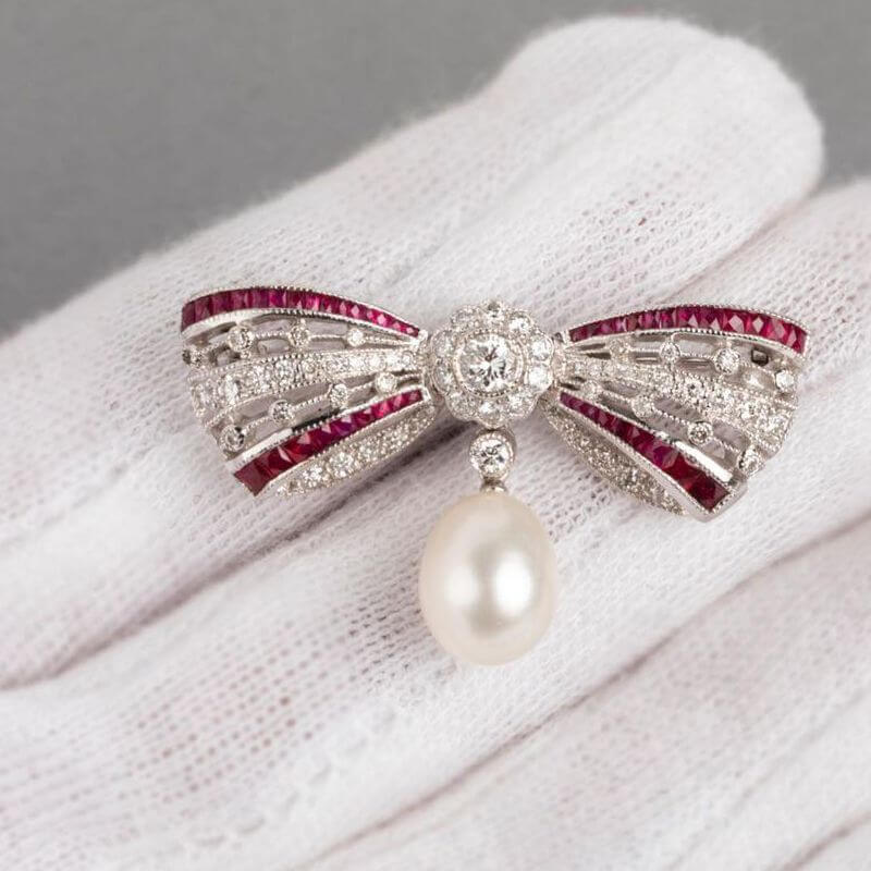 Cute Bow White & Ruby Sapphire & Pearl Round Cut Brooch