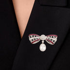 Cute Bow White & Ruby Sapphire & Pearl Round Cut Brooch