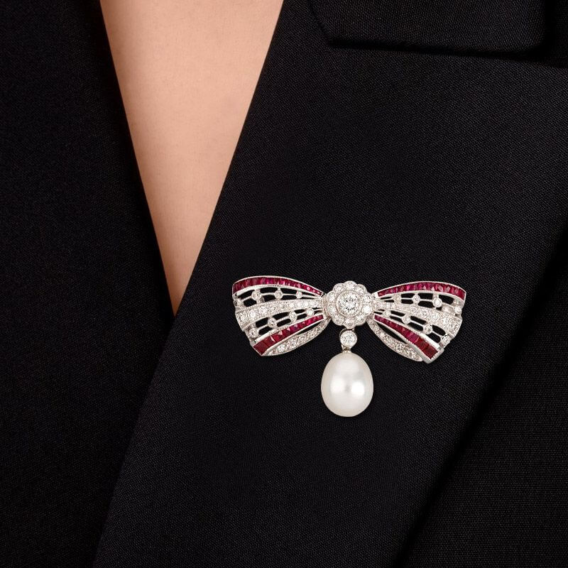 Cute Bow White & Ruby Sapphire & Pearl Round Cut Brooch
