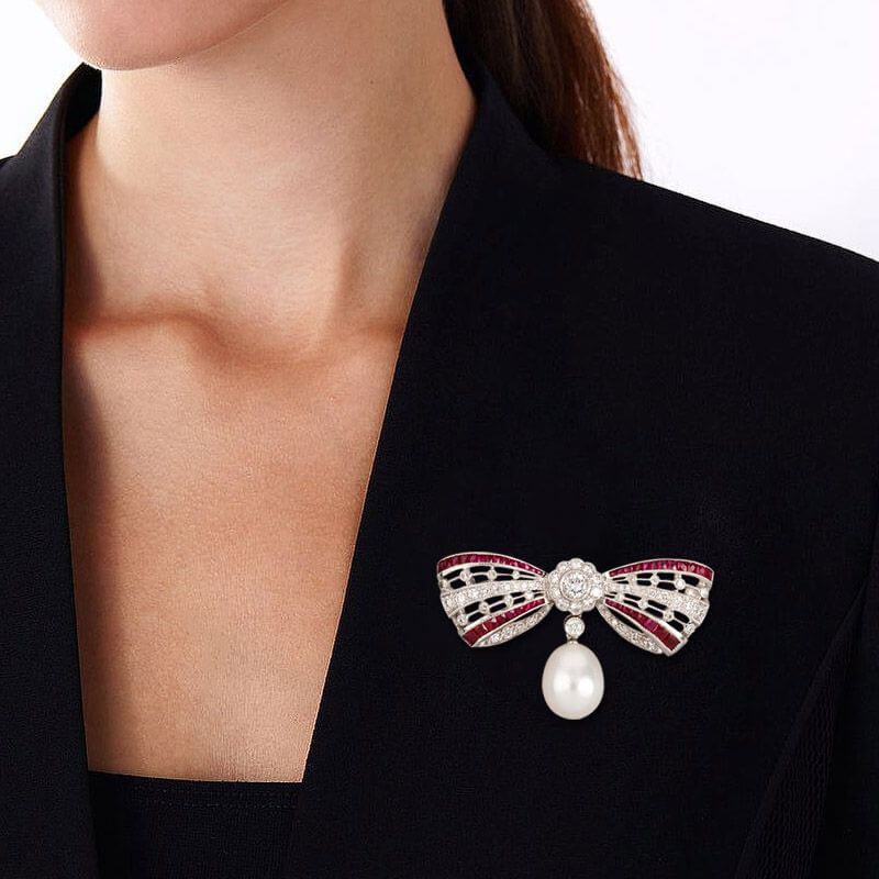 Cute Bow White & Ruby Sapphire & Pearl Round Cut Brooch