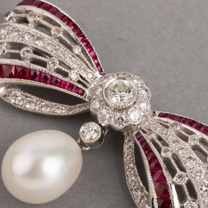 Cute Bow White & Ruby Sapphire & Pearl Round Cut Brooch