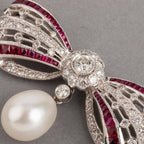 Cute Bow White & Ruby Sapphire & Pearl Round Cut Brooch