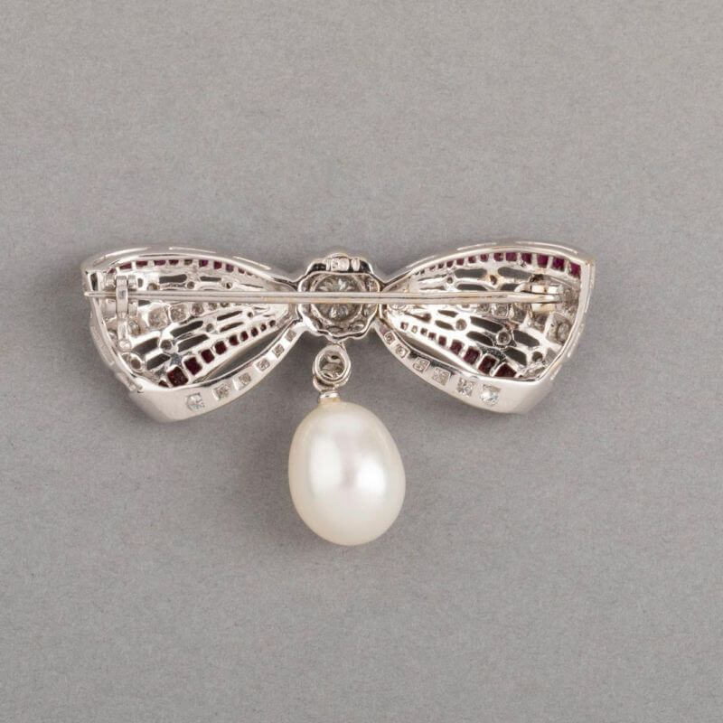 Cute Bow White & Ruby Sapphire & Pearl Round Cut Brooch