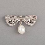 Cute Bow White & Ruby Sapphire & Pearl Round Cut Brooch