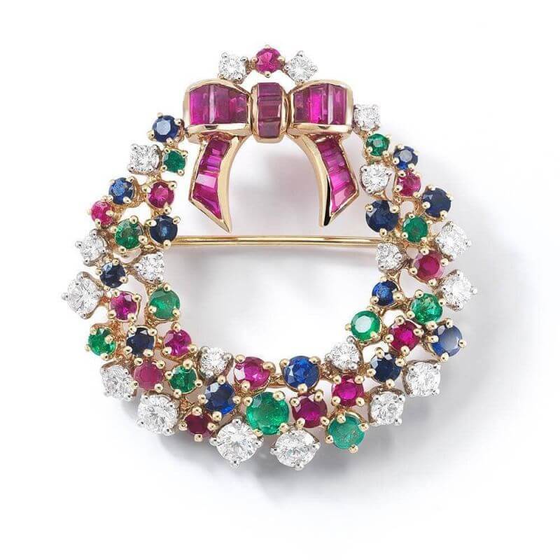 Fancy Bow Design Round Cut Multi-Sapphire Brooch