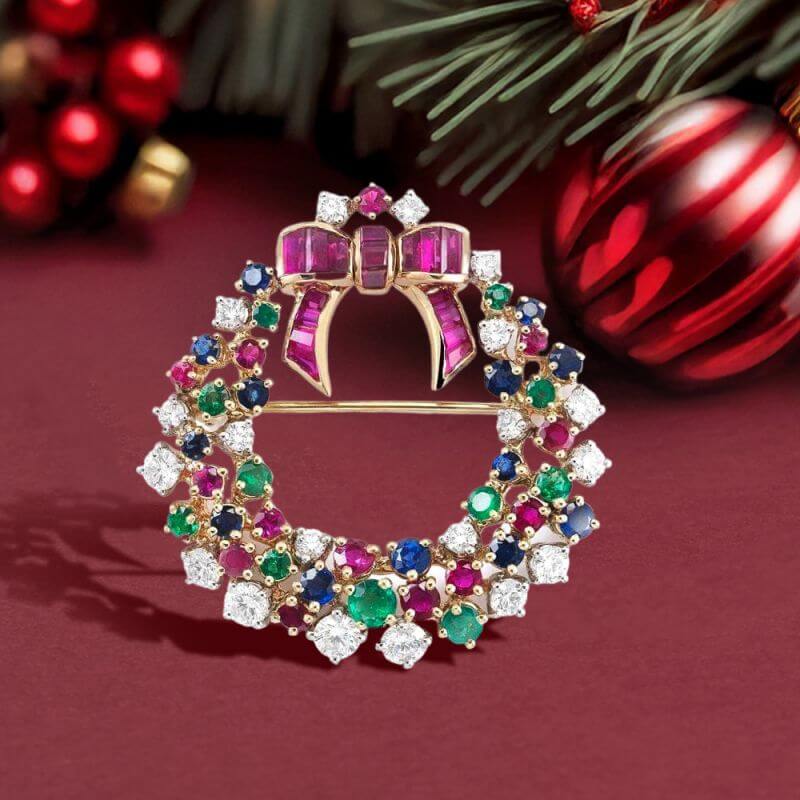 Fancy Bow Design Round Cut Multi-Sapphire Brooch