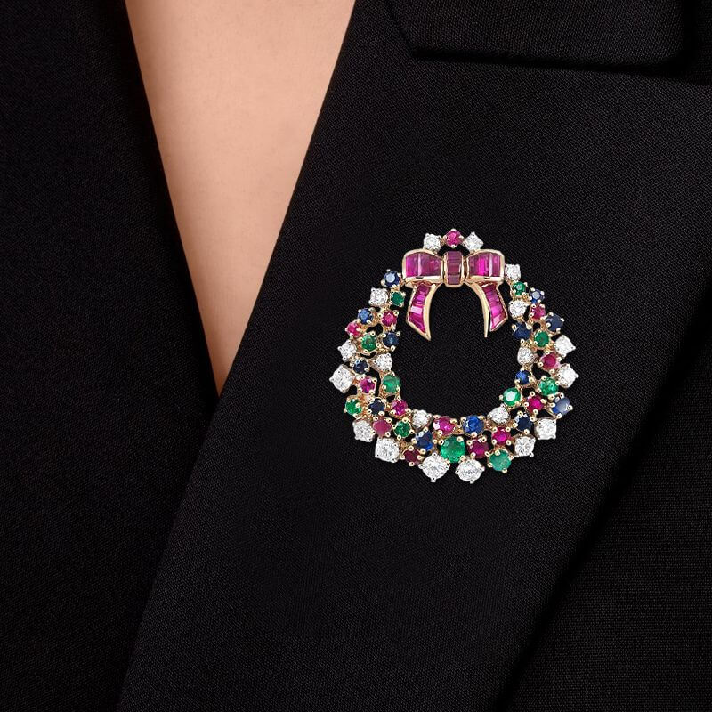 Fancy Bow Design Round Cut Multi-Sapphire Brooch