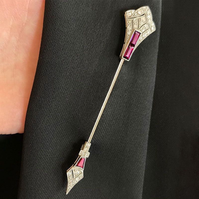 Unique Ruby & White Sapphire Baguette & Round Cut Arrow Design Brooch