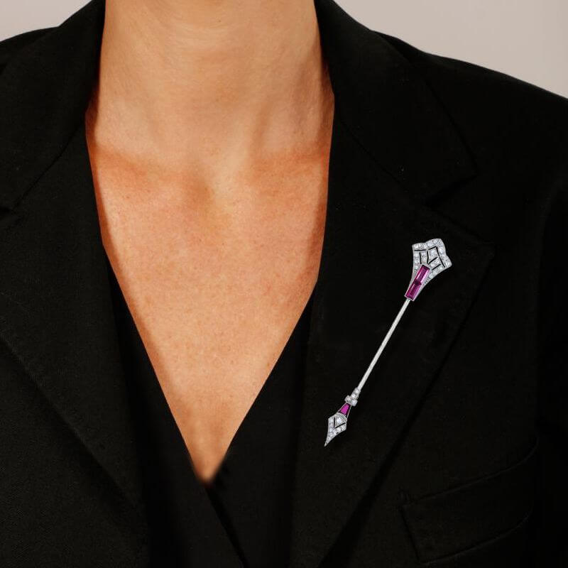 Unique Ruby & White Sapphire Baguette & Round Cut Arrow Design Brooch