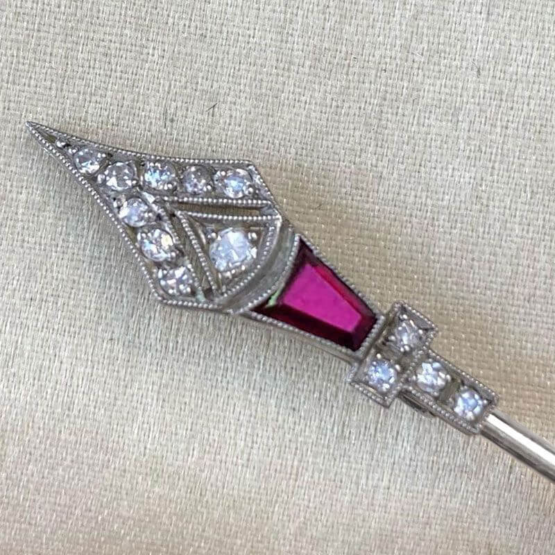 Unique Ruby & White Sapphire Baguette & Round Cut Arrow Design Brooch