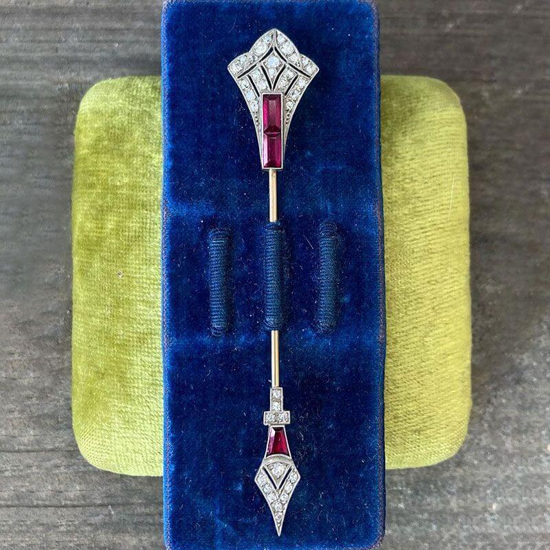 Unique Ruby & White Sapphire Baguette & Round Cut Arrow Design Brooch
