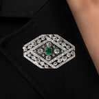 Halo Asscher & Round Cut Emerald & White Sapphire Art Deco Brooch