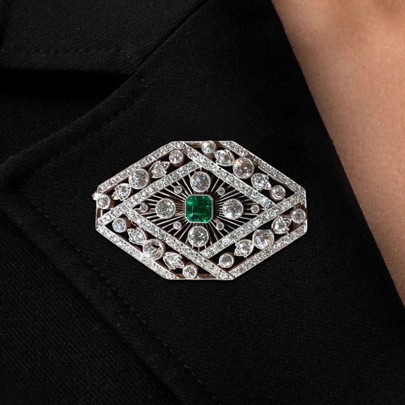 Halo Asscher & Round Cut Emerald & White Sapphire Art Deco Brooch