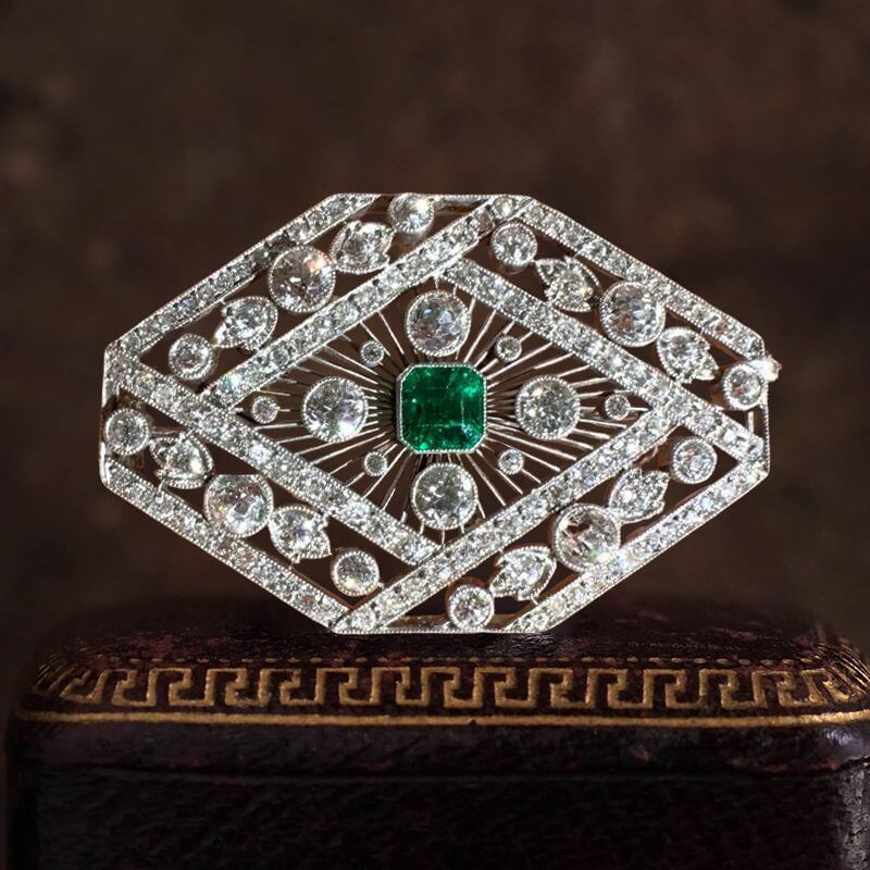 Halo Asscher & Round Cut Emerald & White Sapphire Art Deco Brooch