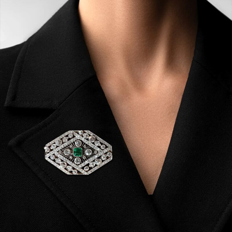 Halo Asscher & Round Cut Emerald & White Sapphire Art Deco Brooch
