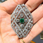 Halo Asscher & Round Cut Emerald & White Sapphire Art Deco Brooch