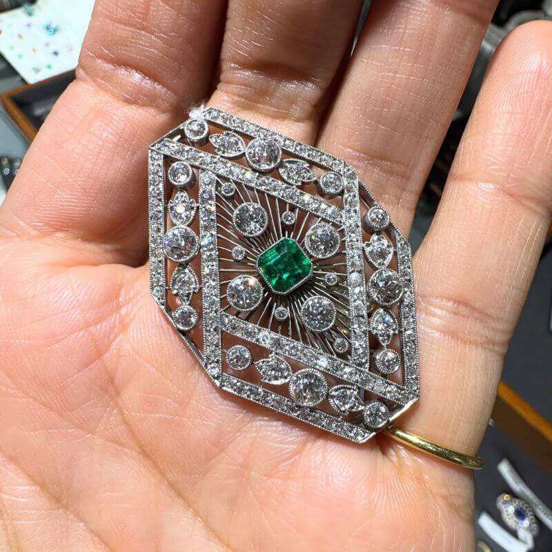 Halo Asscher & Round Cut Emerald & White Sapphire Art Deco Brooch