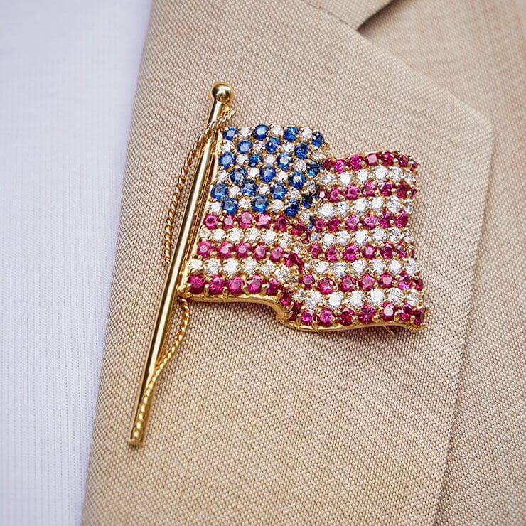 Golden Round Cut Blue & Ruby Sapphire American Flag Brooch